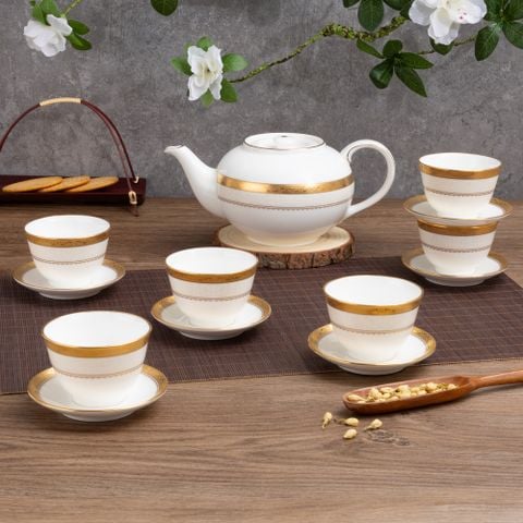 Bộ ấm chén trà châu Á (ấm 950ml, chén 145ml) 13 món sứ xương | Odessa Gold 4874L - T014A
