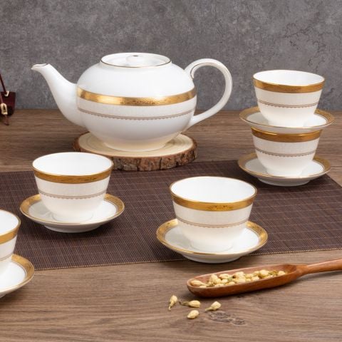  Bộ ấm chén trà châu Á (ấm 950ml, chén 145ml) 13 món sứ xương | Odessa Gold 4874L - T014A 