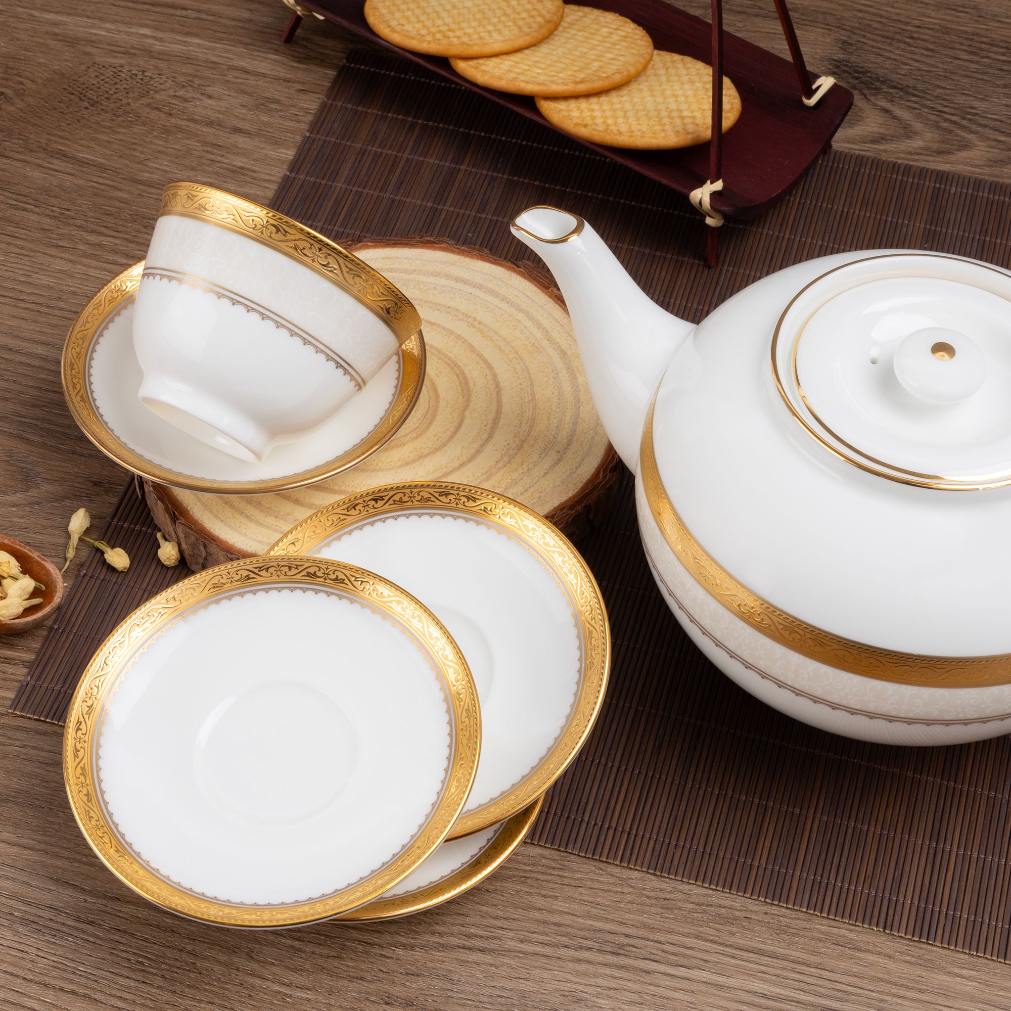  Bộ ấm chén trà châu Á (ấm 950ml, chén 145ml) 13 món sứ xương | Odessa Gold 4874L - T014A 