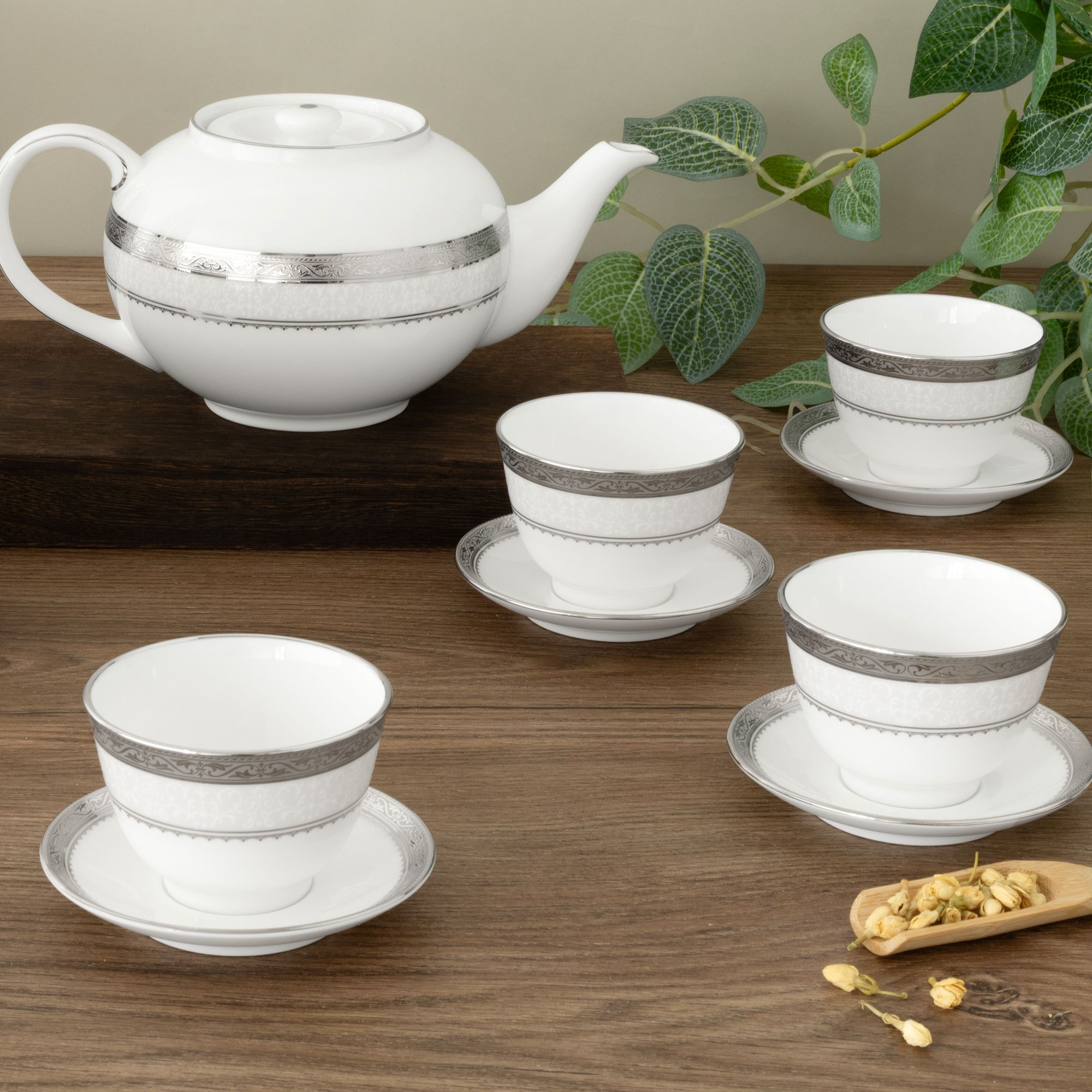  Bộ ấm chén trà châu Á (ấm 950ml, chén 145ml) 13 món sứ xương | Odessa Platinum 4875L - T014A 