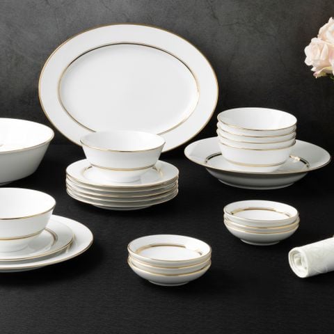  Bộ bát đĩa ăn châu Á cơ bản 22 món (cho 6 người) sứ trắng | Gloria L553L - D022AB 