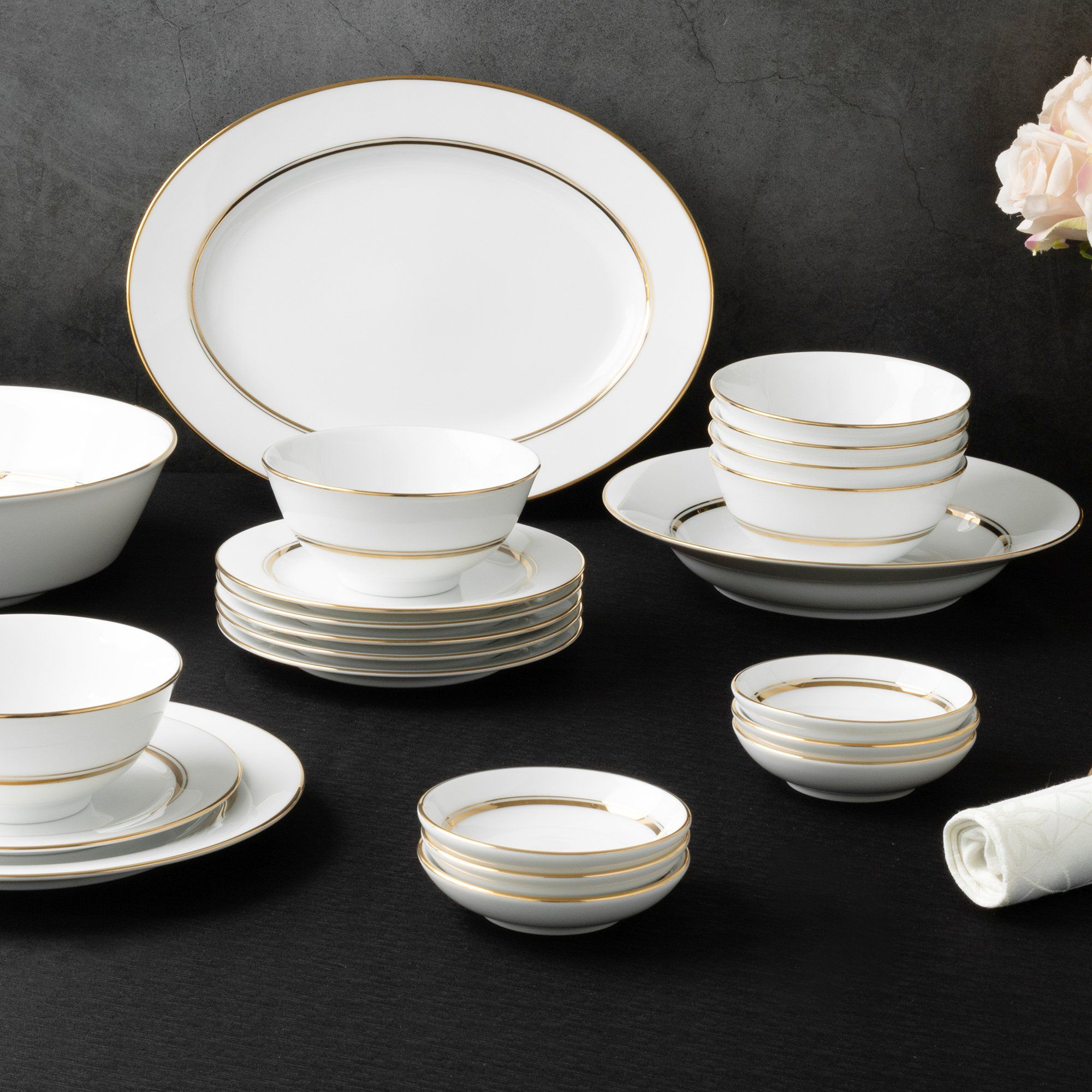  Bộ bát đĩa ăn châu Á cơ bản 22 món (cho 6 người) sứ trắng | Gloria L553L - D022AB 
