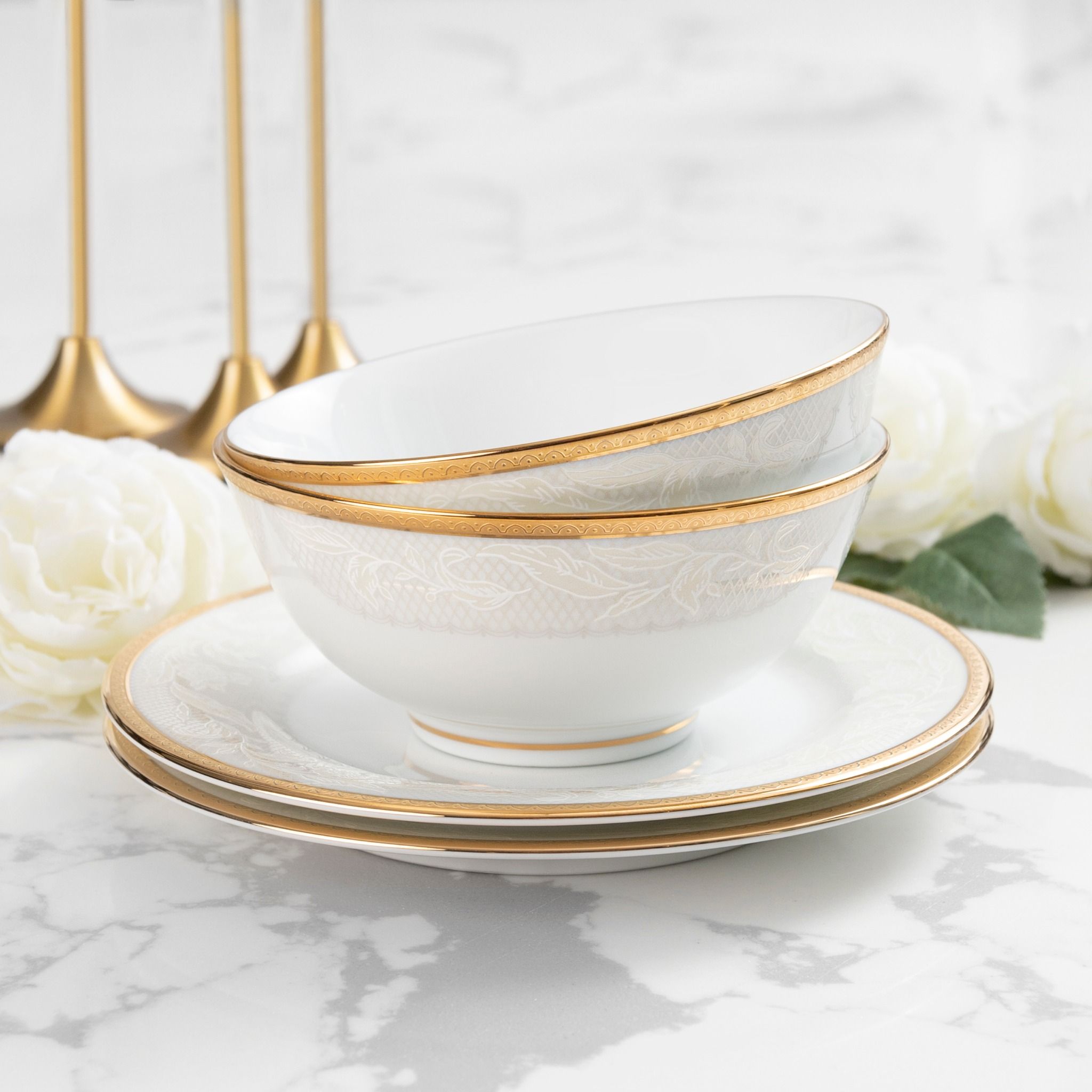  Bộ bát đĩa ăn châu Á cơ bản 22 món (cho 6 người) sứ trắng | Flanders Gold 1714L - D022AB 