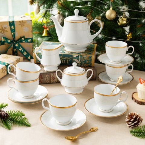  Bộ ấm chén uống trà (ấm 1.200ml, chén 250ml) 15 món sứ trắng | Flanders Gold 1714L - T017A 