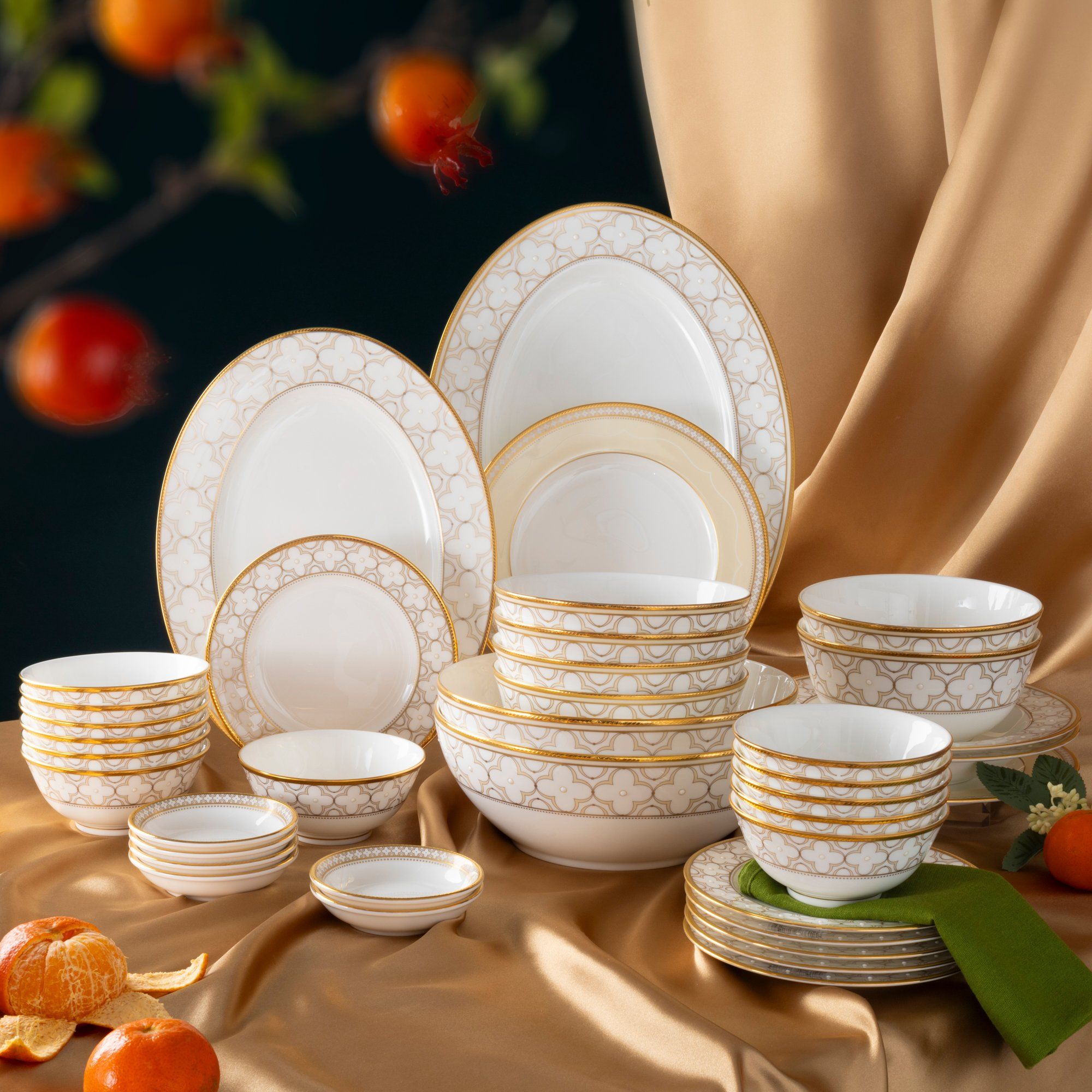  Bộ bát đĩa ăn châu Á đầy đủ 38 món (cho 6 người) sứ xương | Trefolio Gold 4945L - D038AD 
