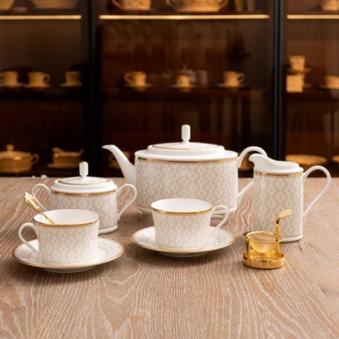  Bộ ấm chén uống trà (ấm 1.250ml, chén 245ml) 15 món sứ xương | Noble Pearl 4979L - T017A 