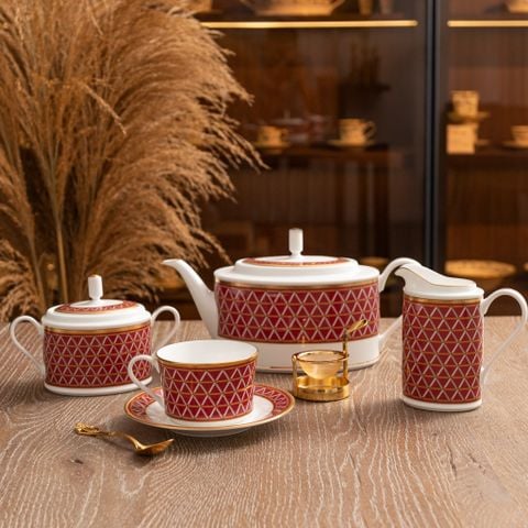  Bộ ấm chén uống trà (ấm 1.250ml, chén 245ml) 15 món sứ xương | Crochet 4966L - T017A 