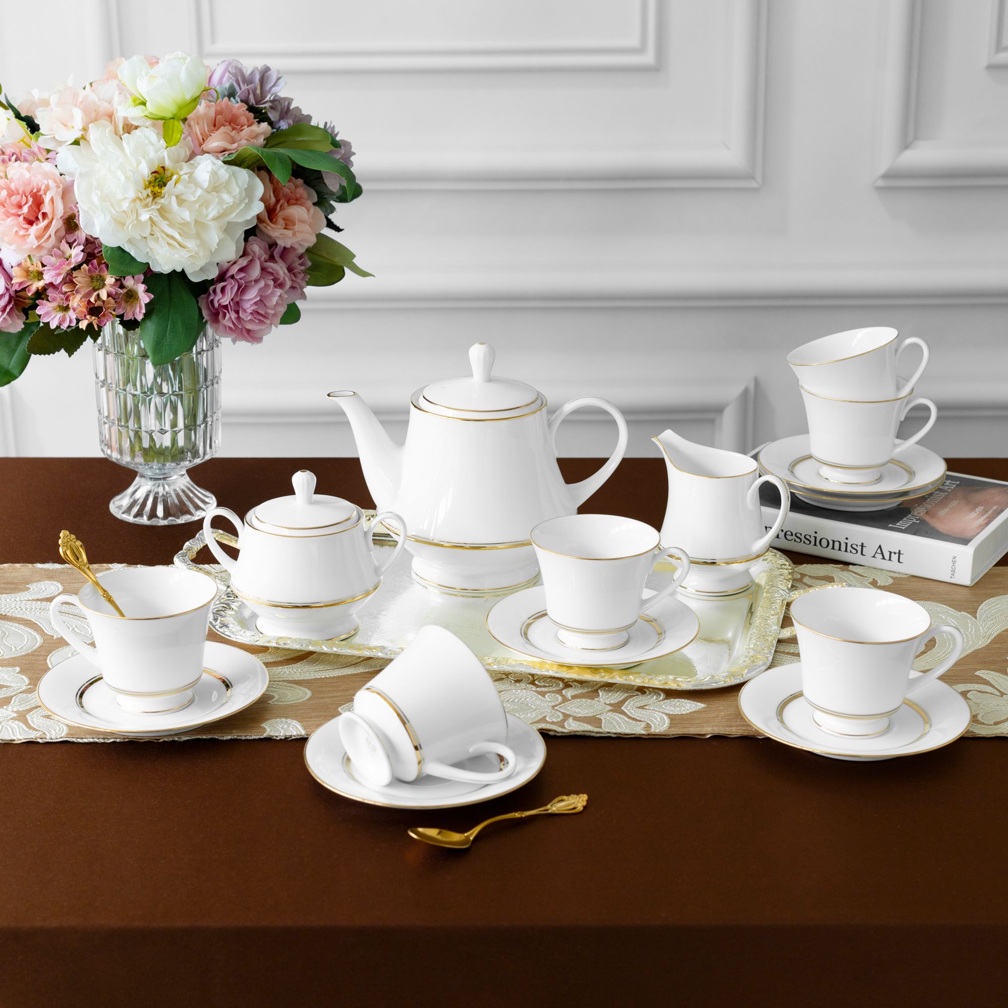  Bộ ấm chén uống trà (ấm 1.200ml, chén 230ml) 15 món sứ trắng | Gloria L553L - T017A 