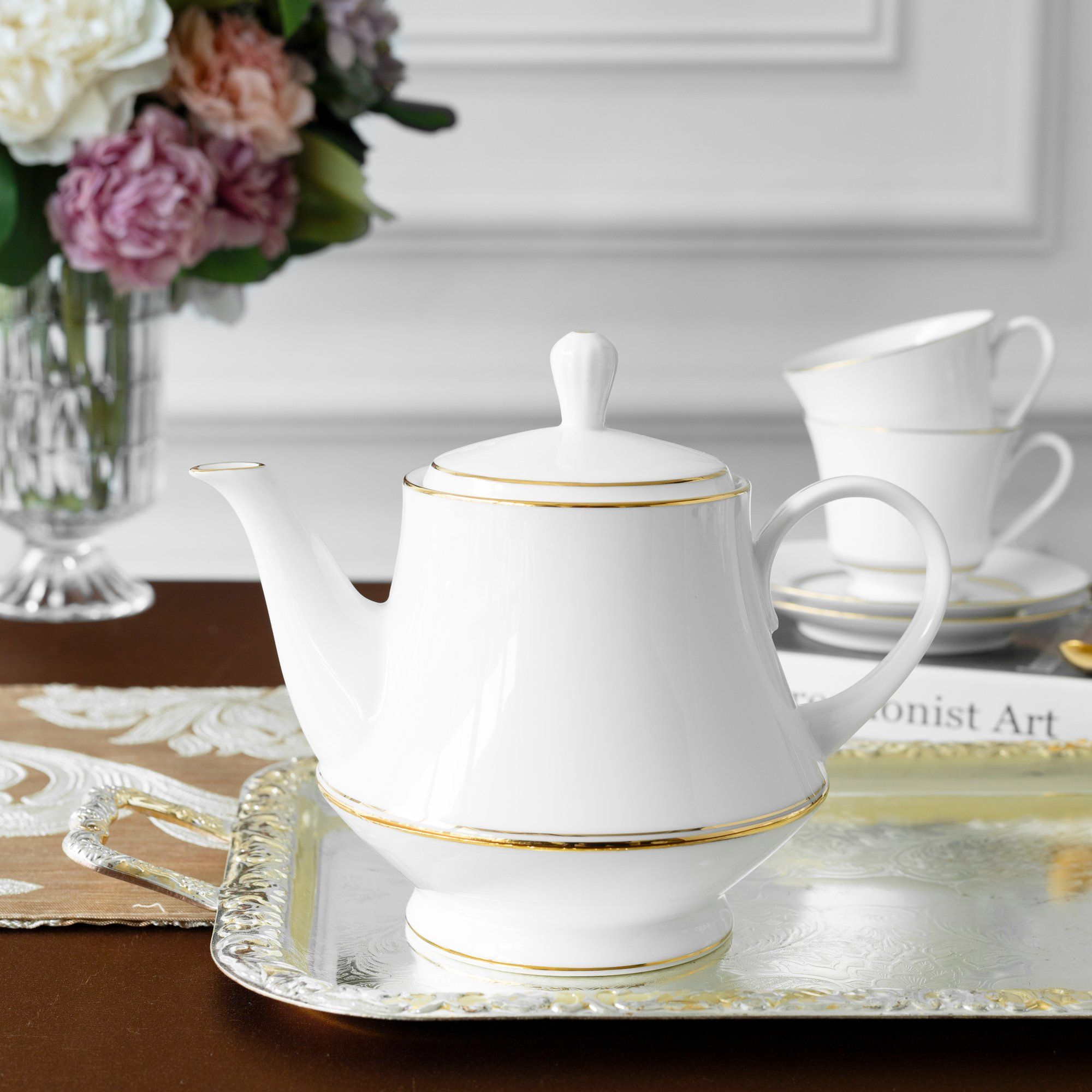  Bộ ấm chén uống trà (ấm 1.200ml, chén 230ml) 15 món sứ trắng | Gloria L553L - T017A 