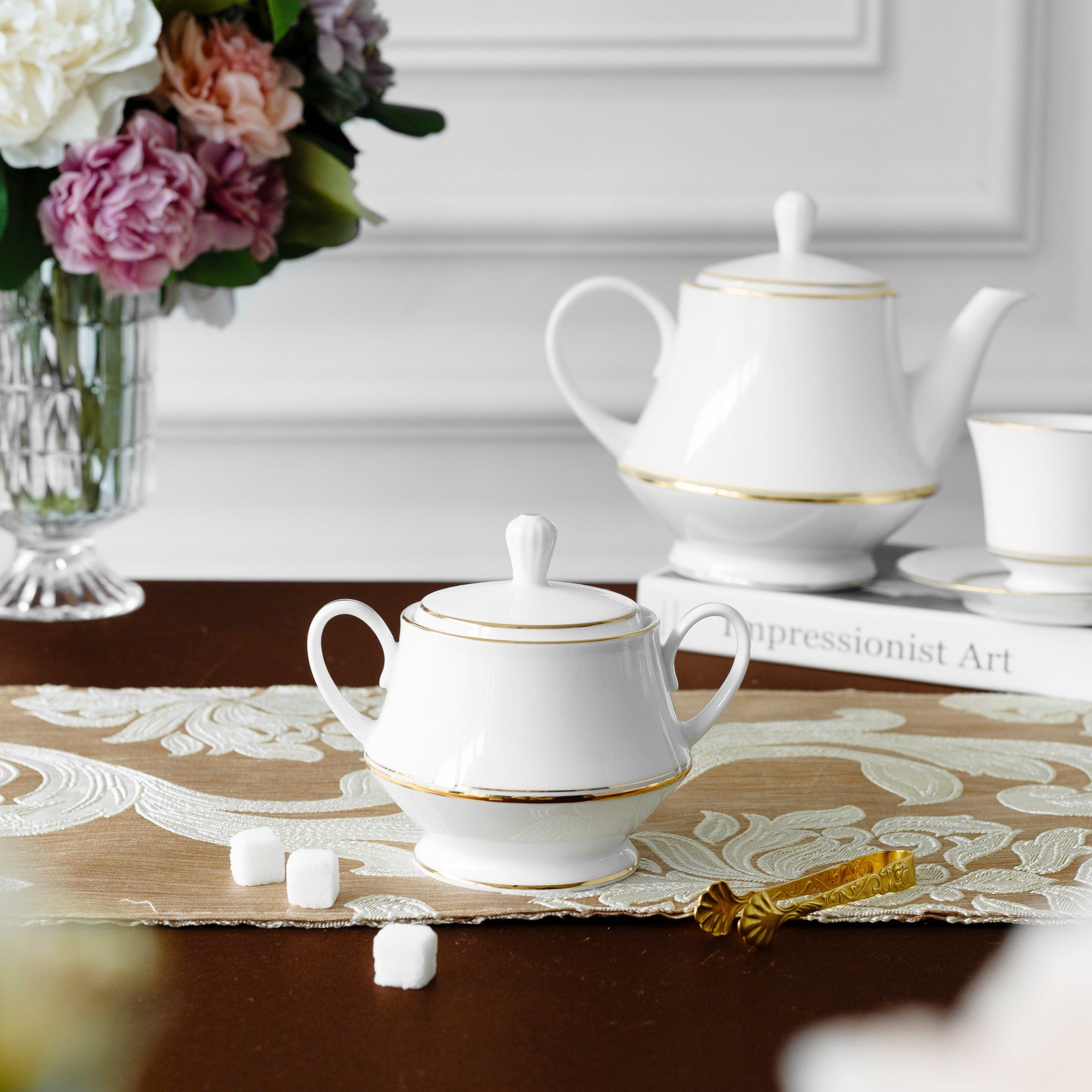  Bộ ấm chén uống trà (ấm 1.200ml, chén 230ml) 15 món sứ trắng | Gloria L553L - T017A 