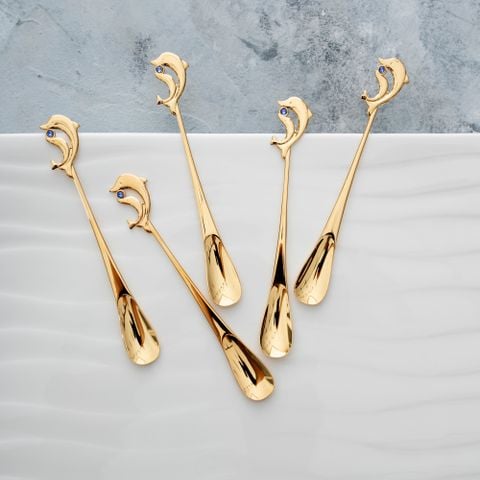  Bộ 05 thìa (muỗng) uống trà mạ vàng hình cá heo đính pha lê Swarovski | Yamaco Gem Dolphin G/P GDG - 5 
