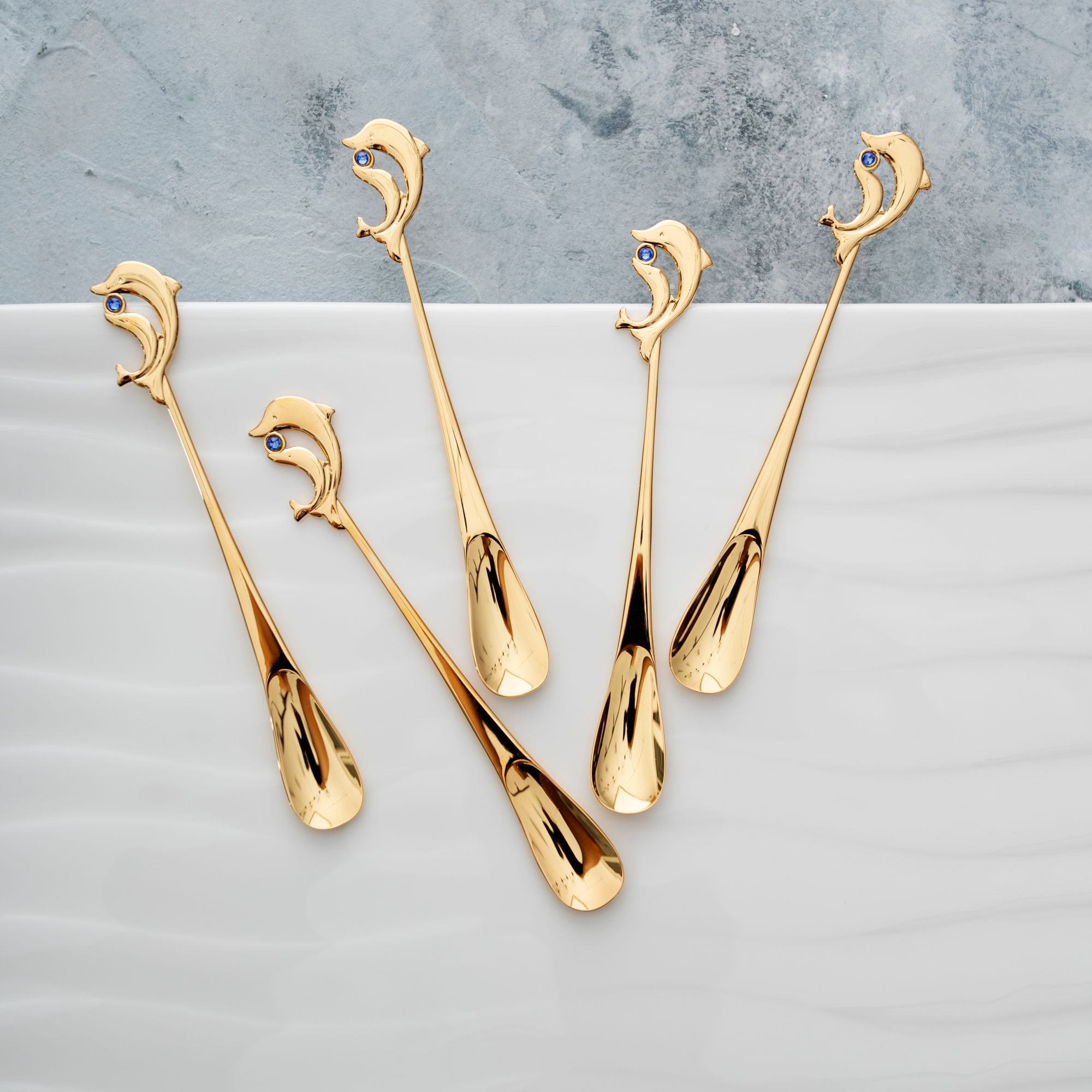  Bộ 05 thìa (muỗng) uống trà mạ vàng hình cá heo đính pha lê Swarovski | Yamaco Gem Dolphin G/P GDG - 5 