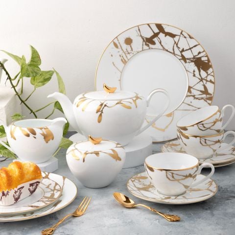  Bộ ấm chén uống trà (ấm 1.060ml, chén 220ml) 15 món sứ trắng cao cấp | Raptures Gold 10-561L - T017AC 