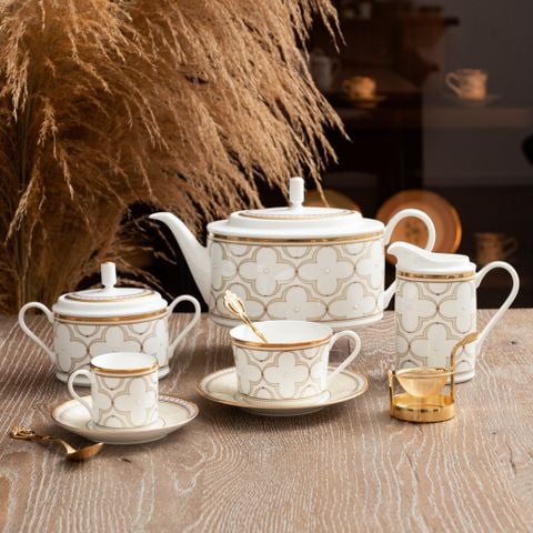  Bộ ấm chén uống trà (ấm 1.250ml, chén 245ml) 15 món sứ xương | Trefolio Gold 4945L - T017A 
