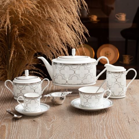  Bộ ấm chén uống trà (ấm 1.250ml, chén 245ml) 15 món sứ xương | Trefolio Platinum 4957L - T017A 