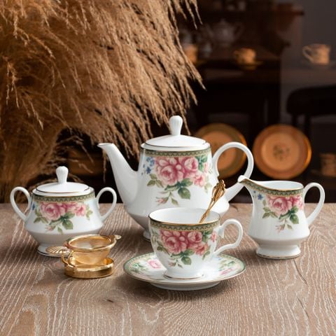  Bộ ấm chén uống trà (ấm 1.200ml, chén 250ml) 15 món sứ trắng | Rosa Basket 1736L - T017A 