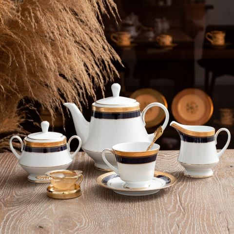  Bộ ấm chén uống trà (ấm 1.200ml, chén 230ml) 15 món sứ trắng | Crestwood Cobalt Gold 4171L - T017A 