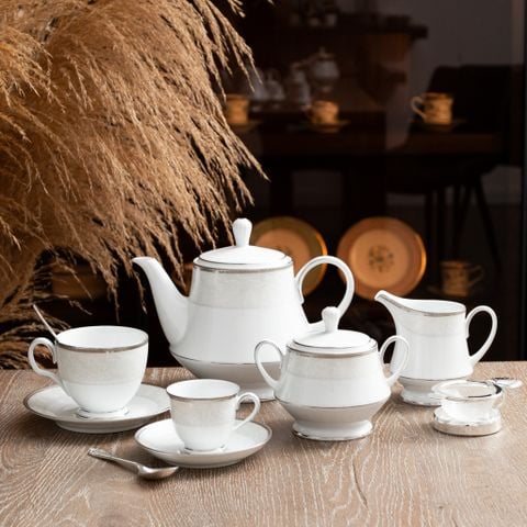 Bộ ấm chén uống trà (ấm 1.200ml, chén 250ml) 15 món sứ trắng | Flanders Platinum 1715L - T017A