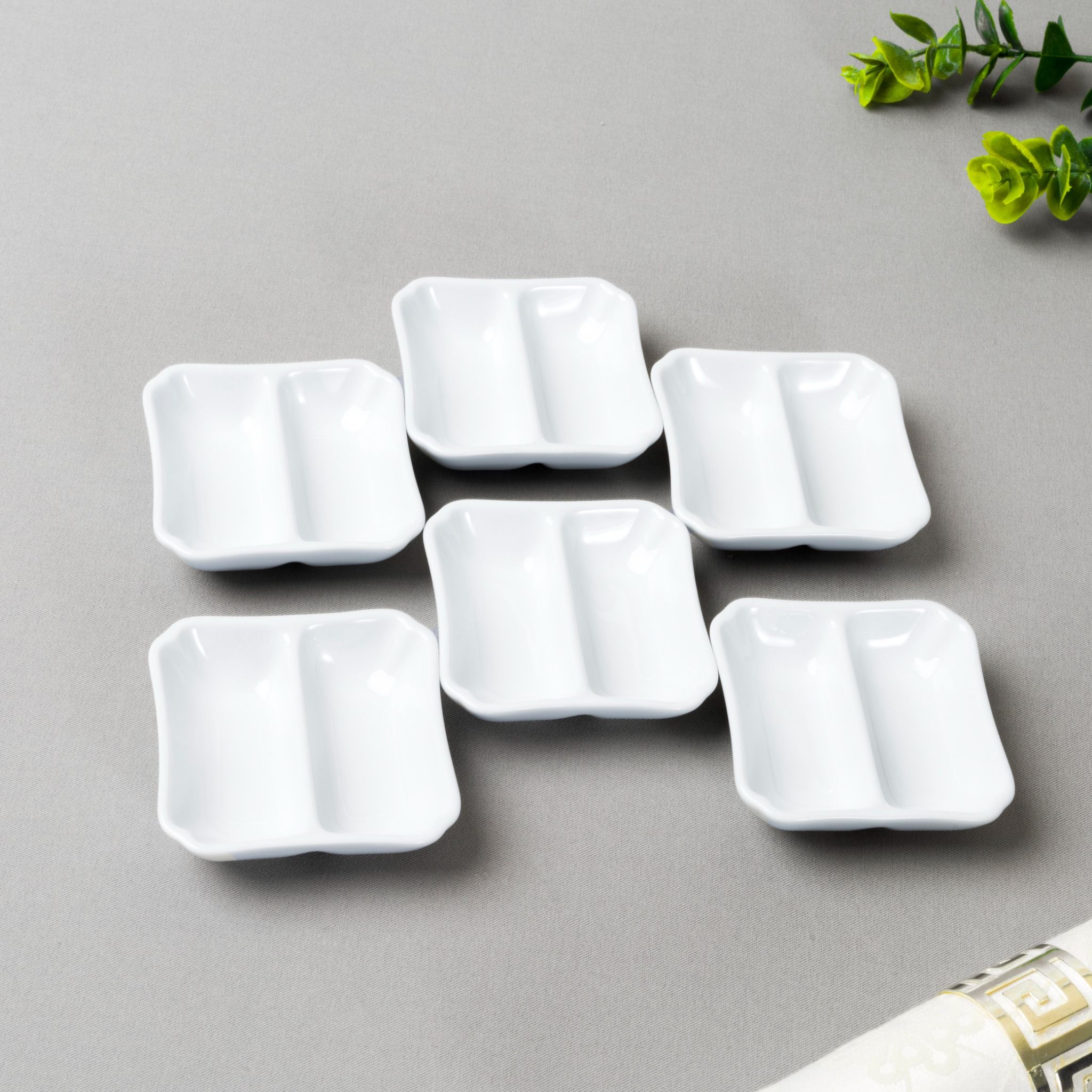  Bộ 06 đĩa vuông 7,9cm chia ngăn đựng nước chấm, gia vị sứ trắng | Art Stage 4257L - S91850 