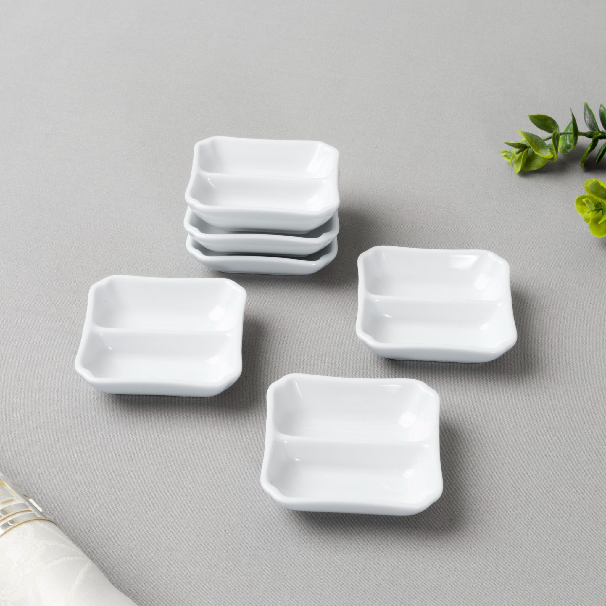  Bộ 06 đĩa vuông 7,9cm chia ngăn đựng nước chấm, gia vị sứ trắng | Art Stage 4257L - S91850 