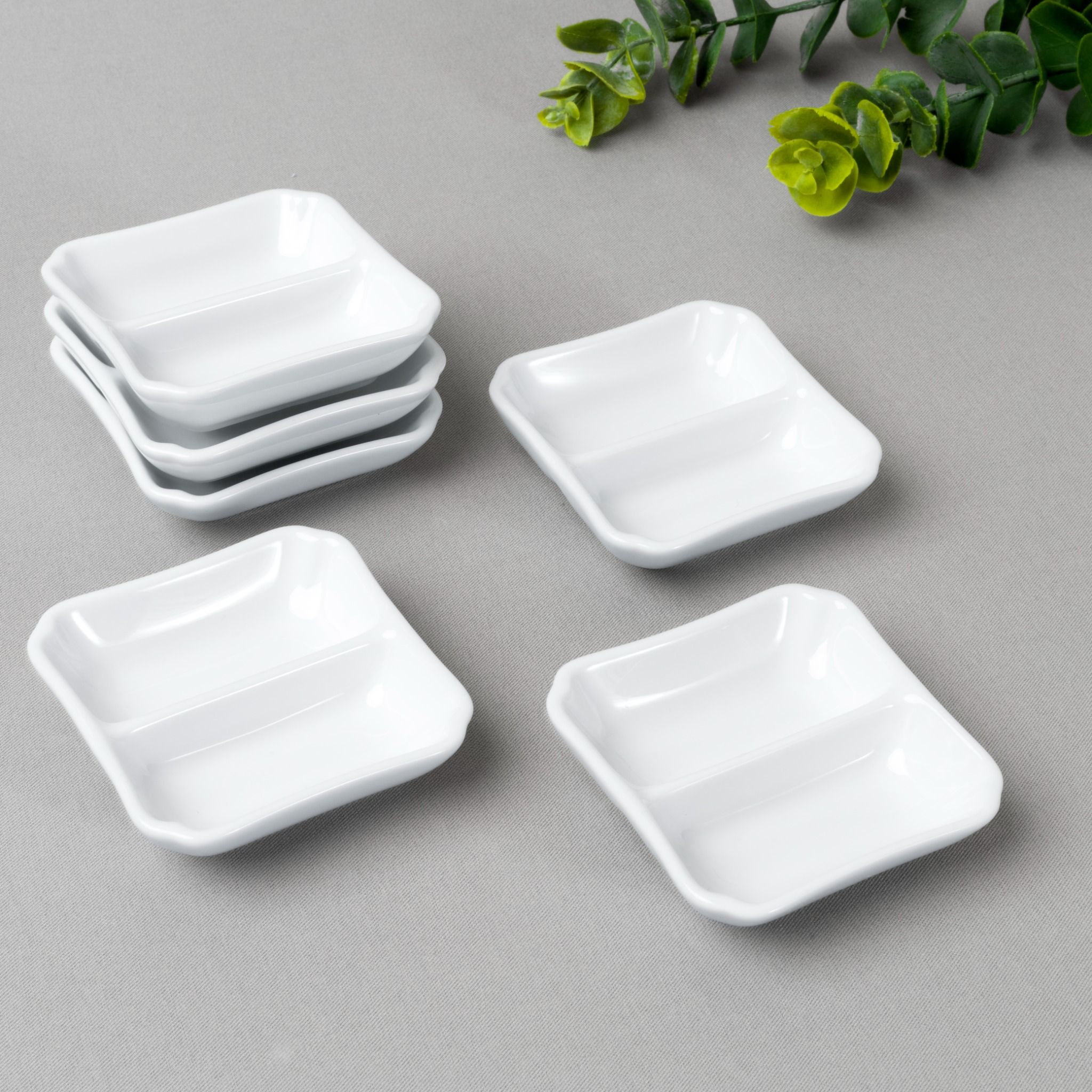  Bộ 06 đĩa vuông 7,9cm chia ngăn đựng nước chấm, gia vị sứ trắng | Art Stage 4257L - S91850 
