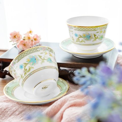  Chén trà (tách trà) châu Á (không quai cầm) 140ml kèm đĩa lót sứ xương Nhật Bản | Yoshino 9983J - Y501549 