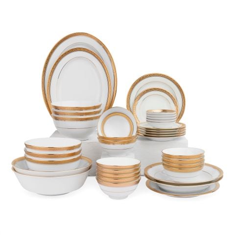  Bộ bát đĩa ăn châu Á đầy đủ 38 món (cho 6 người) sứ trắng | Crestwood Gold 4167L - D038AB 