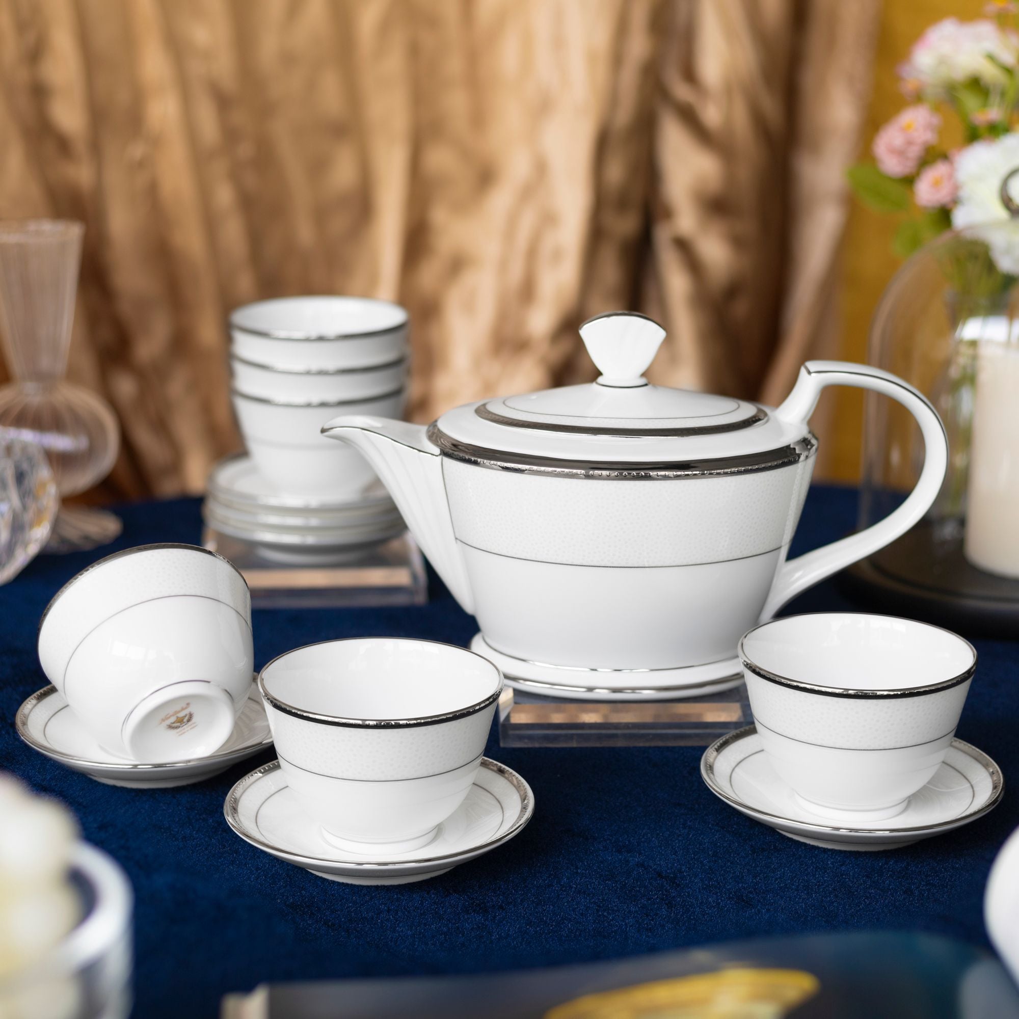  Bộ ấm chén trà châu Á (ấm 880ml, chén 140ml) 13 món sứ xương Nhật Bản | Champagne Pearls 4811J - T014A 