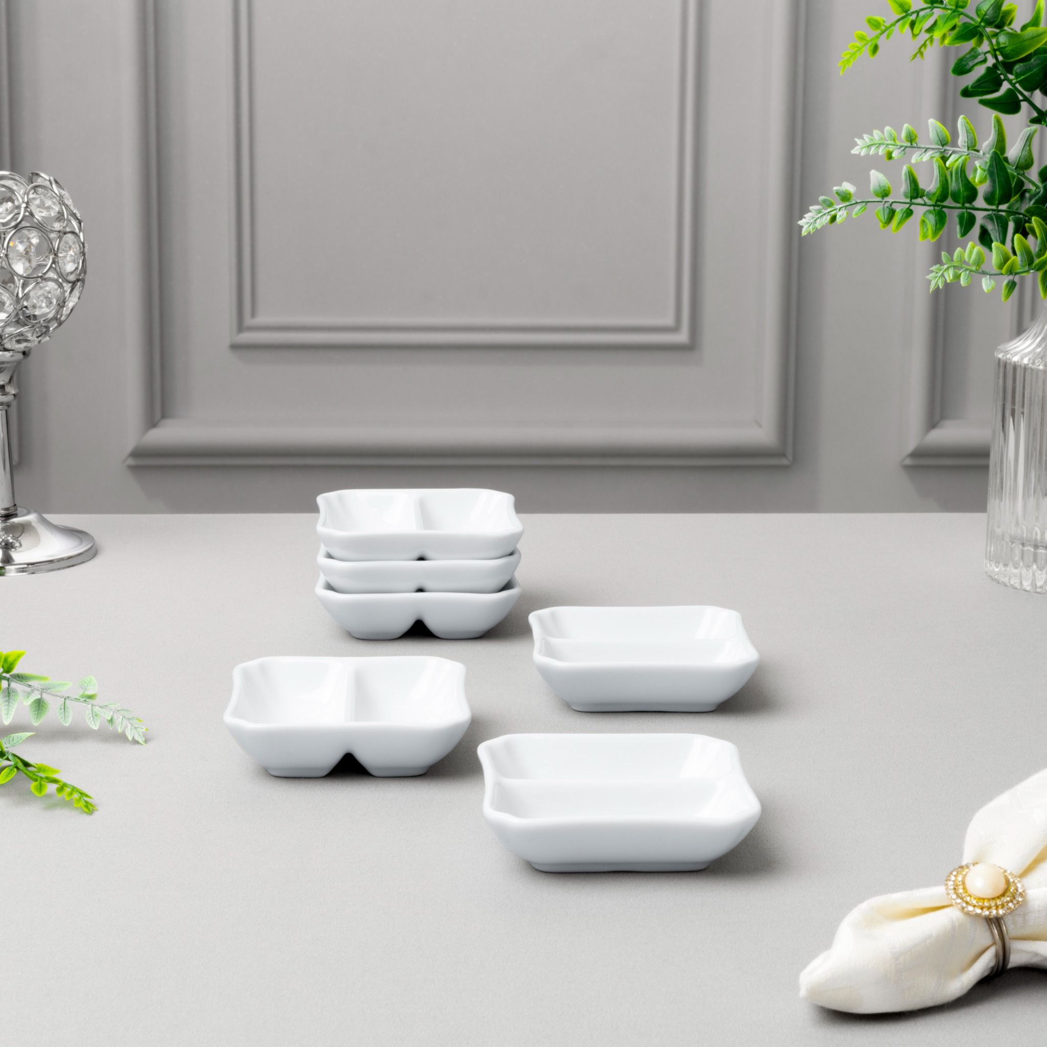  Bộ 06 đĩa vuông 7,9cm chia ngăn đựng nước chấm, gia vị sứ trắng | Art Stage 4257L - S91850 