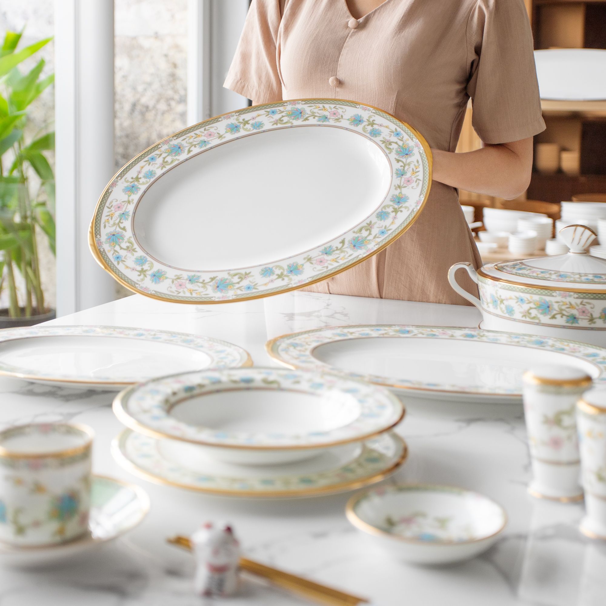  Đĩa Oval cỡ lớn (LG) dài 42,5cm sứ xương Nhật Bản | Yoshino 9983J - 59543 