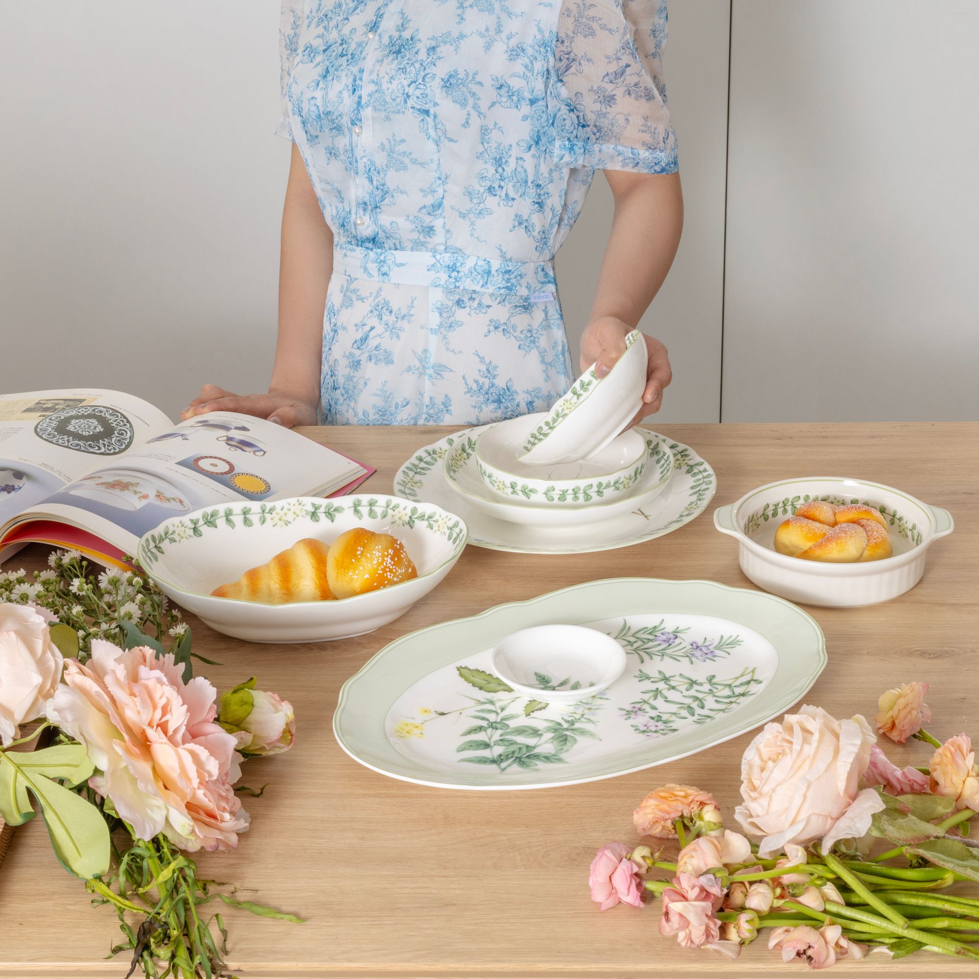  Bộ bát đĩa ăn châu Á đầy đủ 38 món (cho 6 người) sứ xương | English Herbs 4942L - D038AN 
