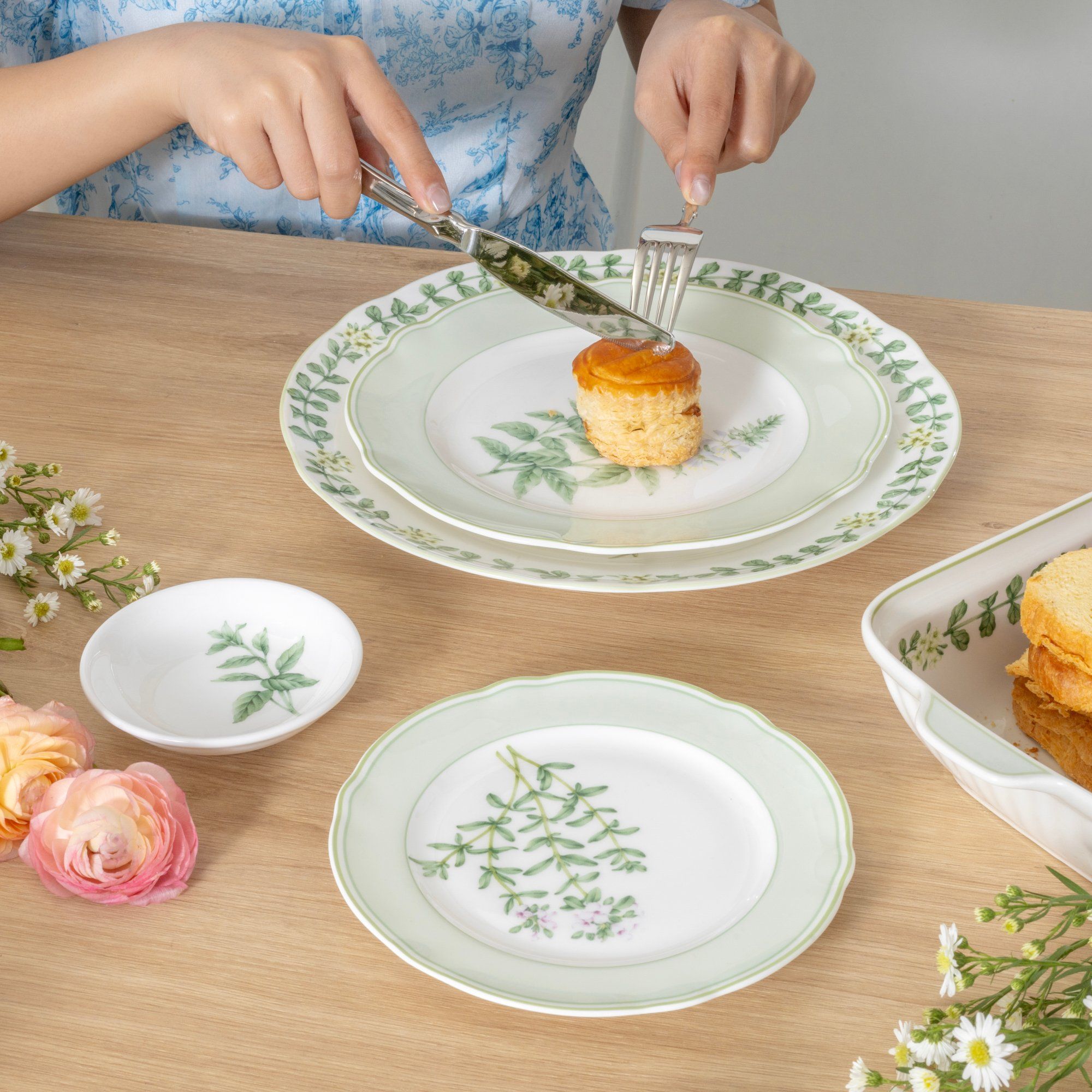  Bộ bát đĩa ăn châu Á đầy đủ 38 món (cho 6 người) sứ xương | English Herbs 4942L - D038AN 