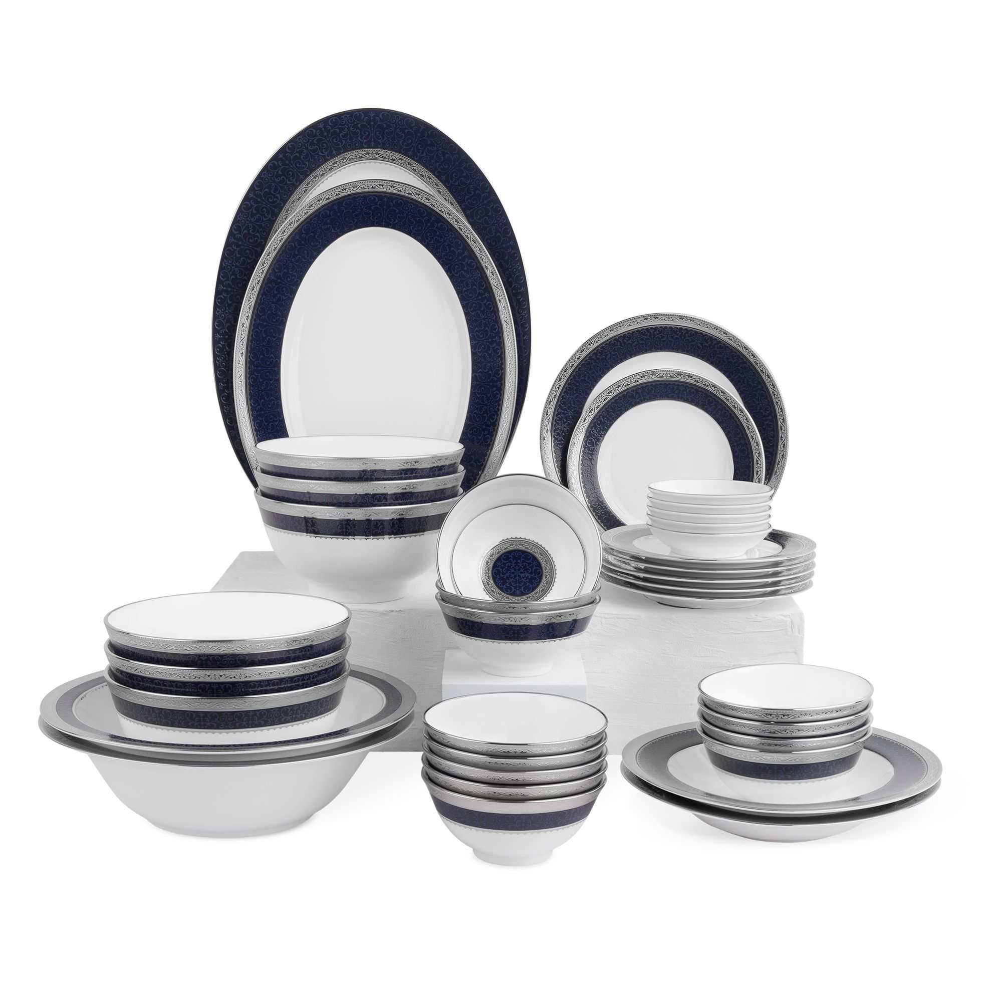  Bộ bát đĩa ăn châu Á đầy đủ 38 món (cho 6 người) sứ xương | Odessa Cobalt Platinum 4922L - D038AC 