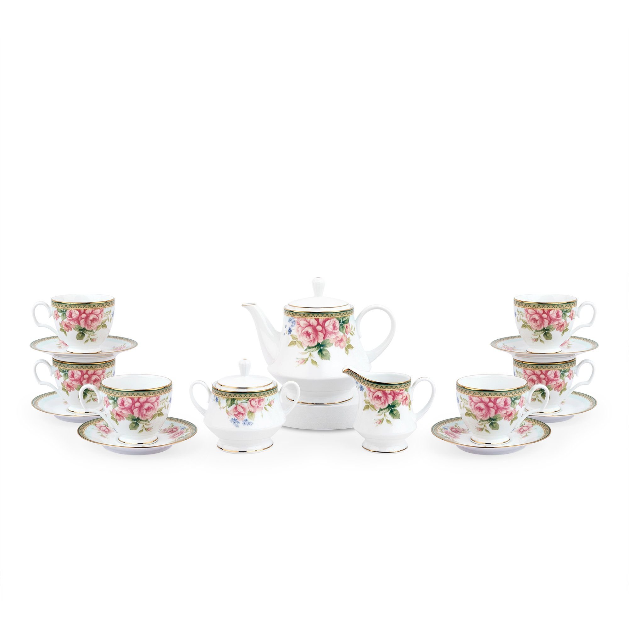  Bộ ấm chén uống trà sứ trắng 15 món | Rosa Basket 1736 