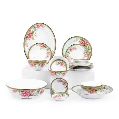  Bộ bát đĩa ăn châu Á cơ bản 22 món (cho 6 người) sứ trắng | Rosa Basket 1736L - D022AB 