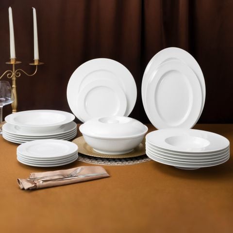  Bộ đĩa ăn kiểu Âu 22 món (đĩa tròn, cho 6 người) sứ xương | Plain White 9990L - D023ET 