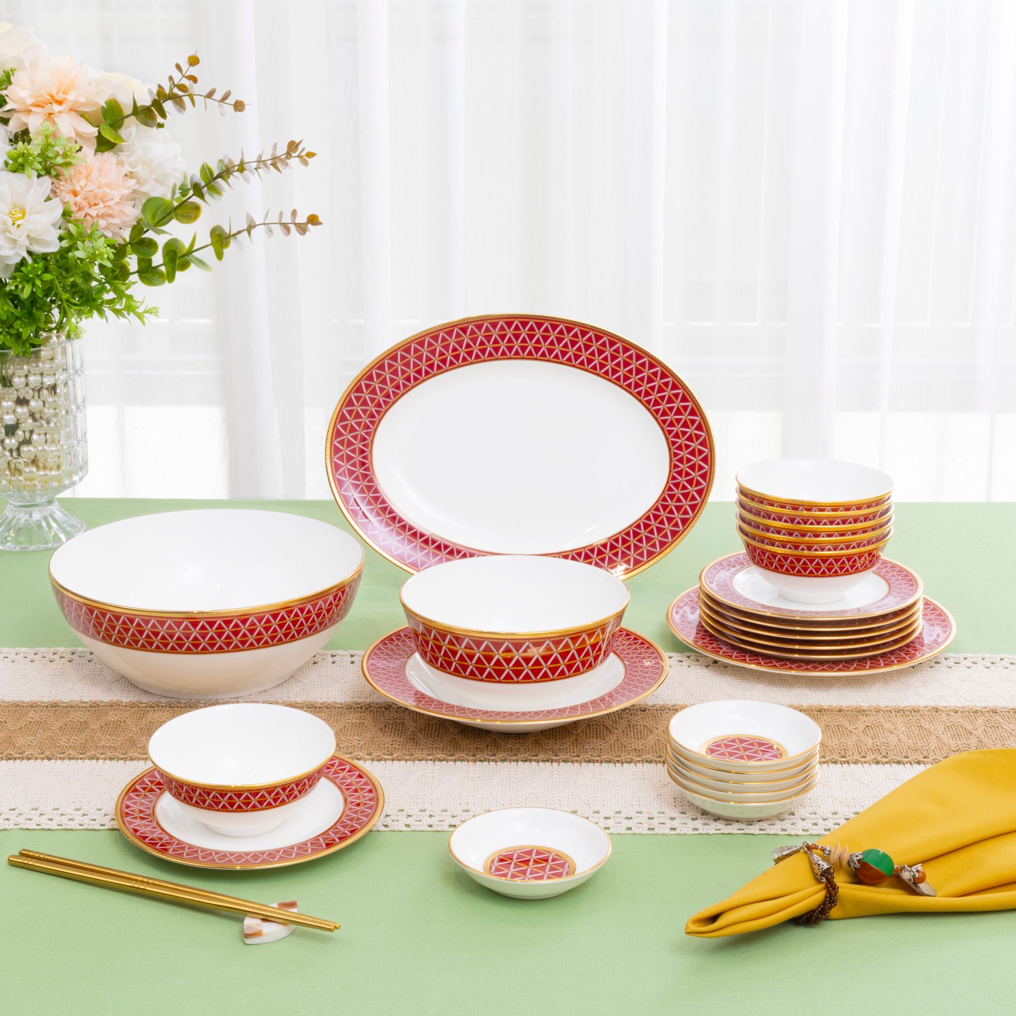  Bộ bát đĩa ăn châu Á cơ bản 22 món (cho 6 người) sứ xương | Crochet 4966L - D022AB 