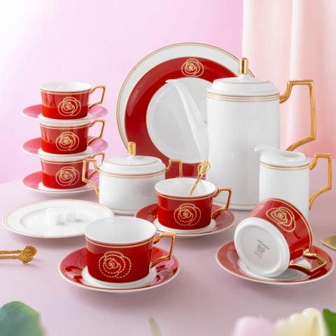  Bộ ấm chén uống cà phê (ấm 1.650ml, chén đỏ 240ml ) 18 món sứ xương | Aidan Gold 4941L - C020D 