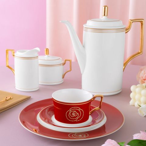  Bộ ấm chén uống cà phê (ấm 1.650ml, chén đỏ 240ml ) 18 món sứ xương | Aidan Gold 4941L - C020D 