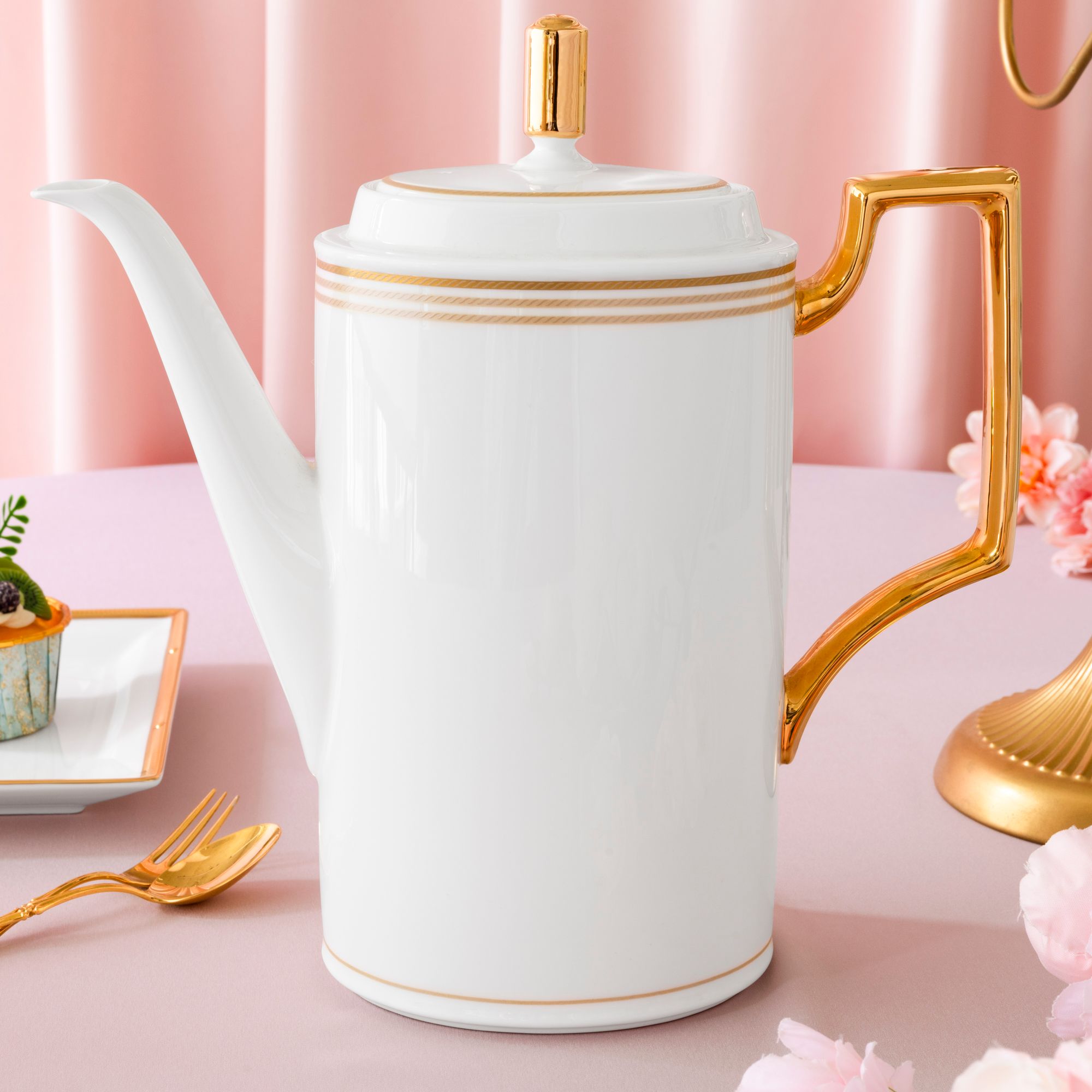 Bộ ấm chén uống cà phê (ấm 1.650ml, chén đỏ 240ml ) 18 món sứ xương | Aidan Gold 4941L - C020D 