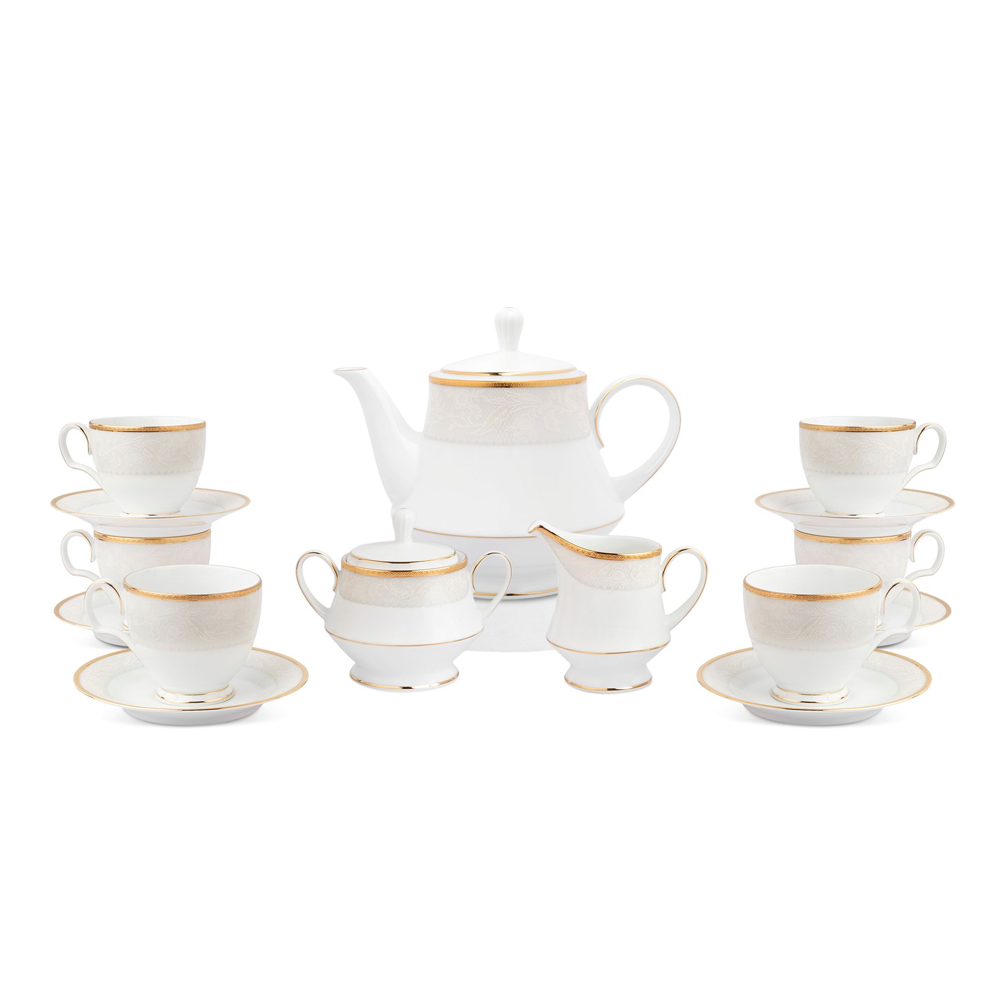  Bộ ấm chén uống trà (ấm 1.200ml, chén 250ml) 15 món sứ trắng | Flanders Gold 1714L - T017A 