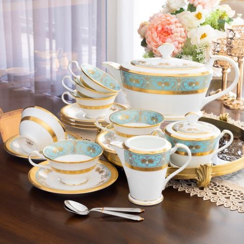  Bộ ấm chén uống trà (ấm 1.440ml, chén dáng loe 220ml) 15 món sứ xương Nhật Bản | Georgian Turquoise 4857J - T017A 