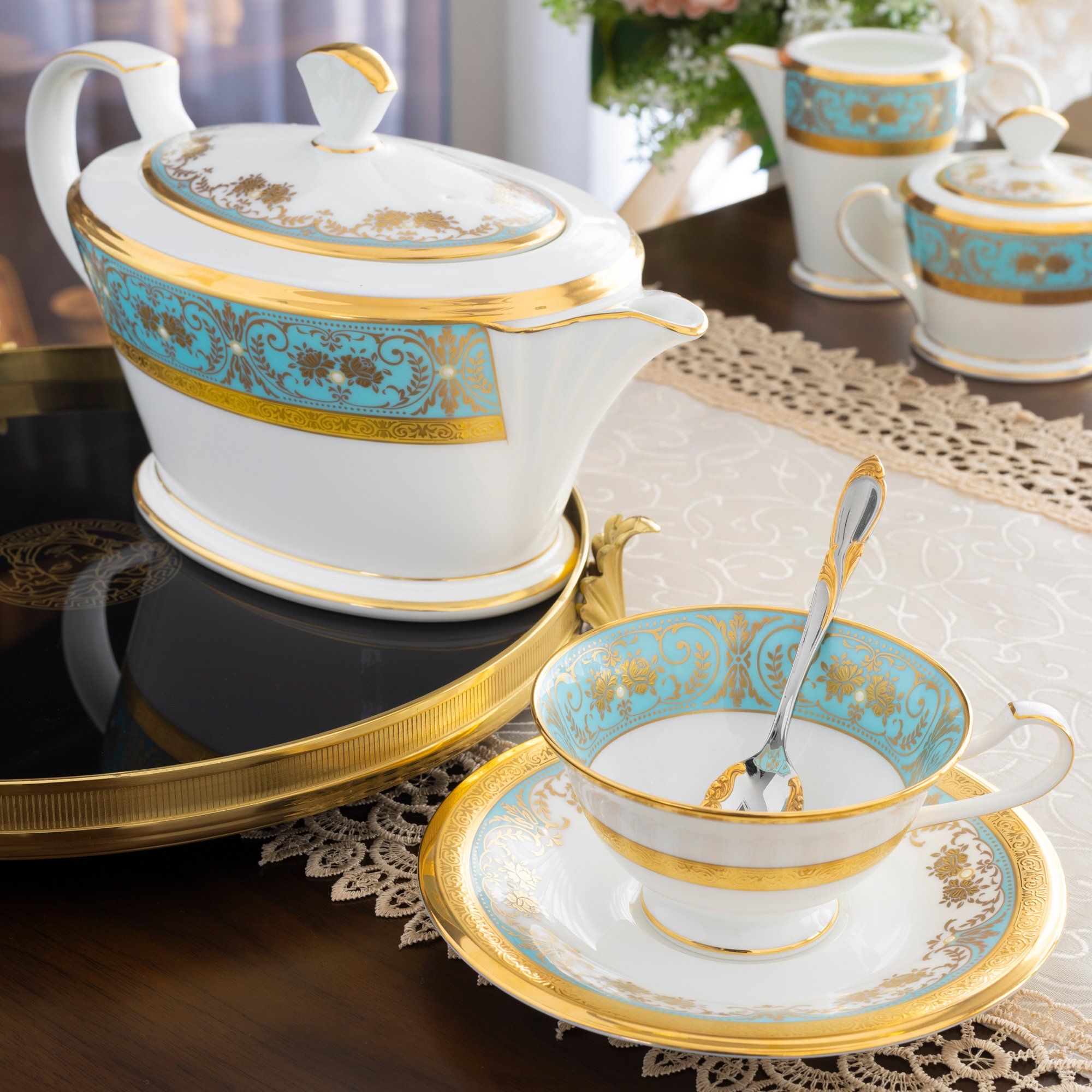  Bộ ấm chén uống trà (ấm 1.440ml, chén dáng loe 220ml) 15 món sứ xương Nhật Bản | Georgian Turquoise 4857J - T017A 