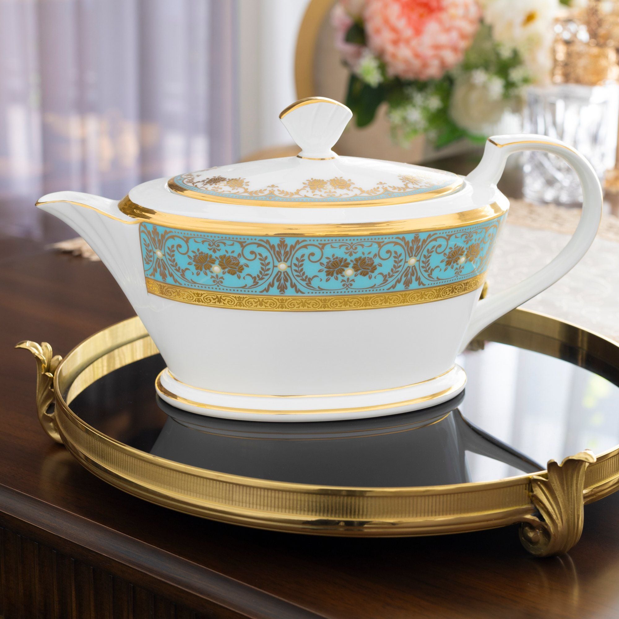  Bộ ấm chén uống trà (ấm 1.440ml, chén dáng loe 220ml) 15 món sứ xương Nhật Bản | Georgian Turquoise 4857J - T017A 