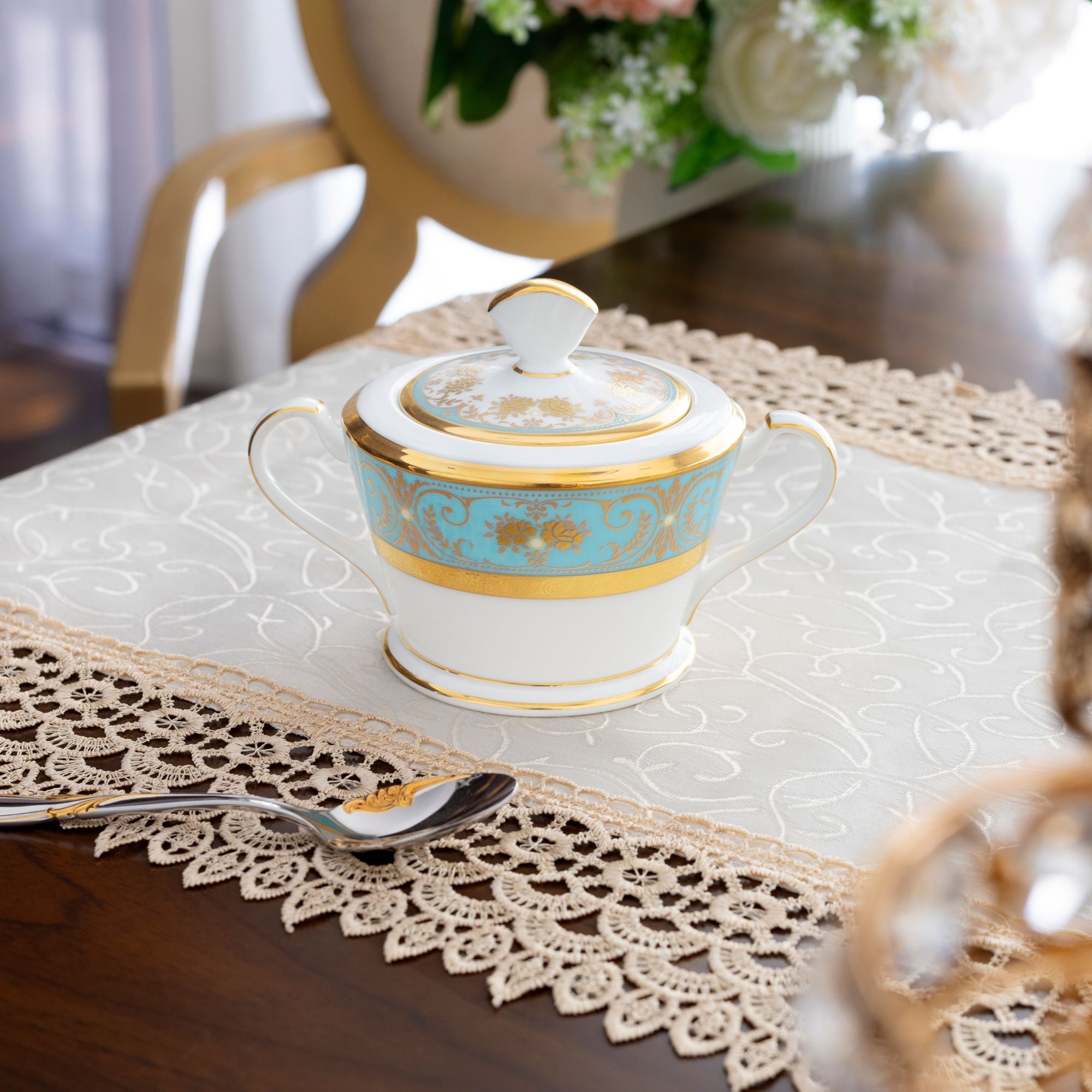  Bộ ấm chén uống trà (ấm 1.440ml, chén dáng loe 220ml) 15 món sứ xương Nhật Bản | Georgian Turquoise 4857J - T017A 