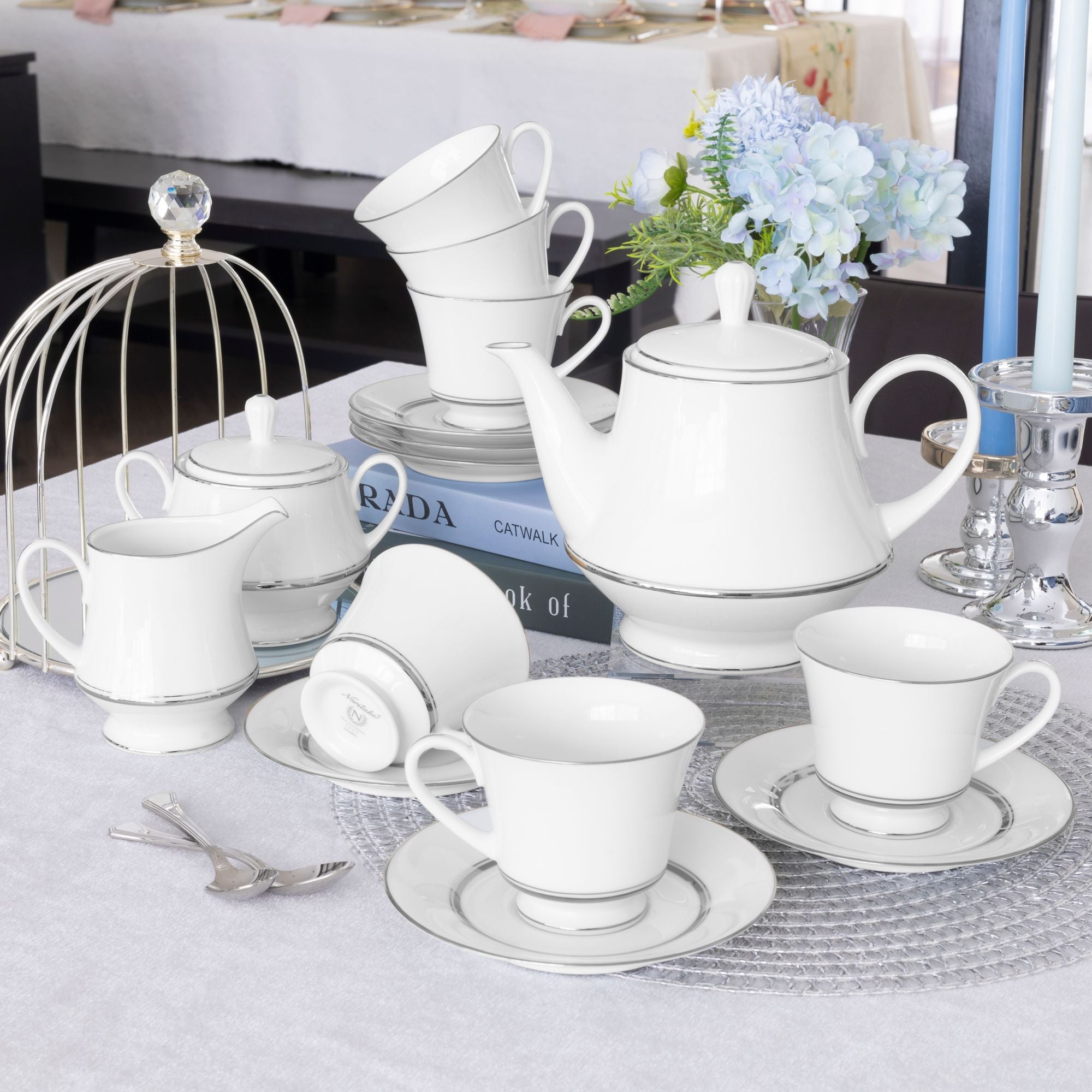  Bộ ấm chén uống trà (ấm 1.200ml, chén 230ml) 15 món sứ trắng | Galaxy L554L - T017A 