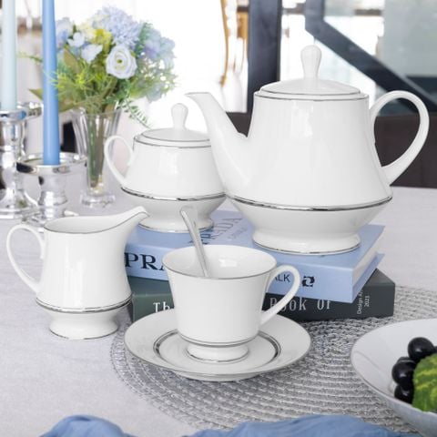  Bộ ấm chén uống trà (ấm 1.200ml, chén 230ml) 15 món sứ trắng | Galaxy L554L - T017A 