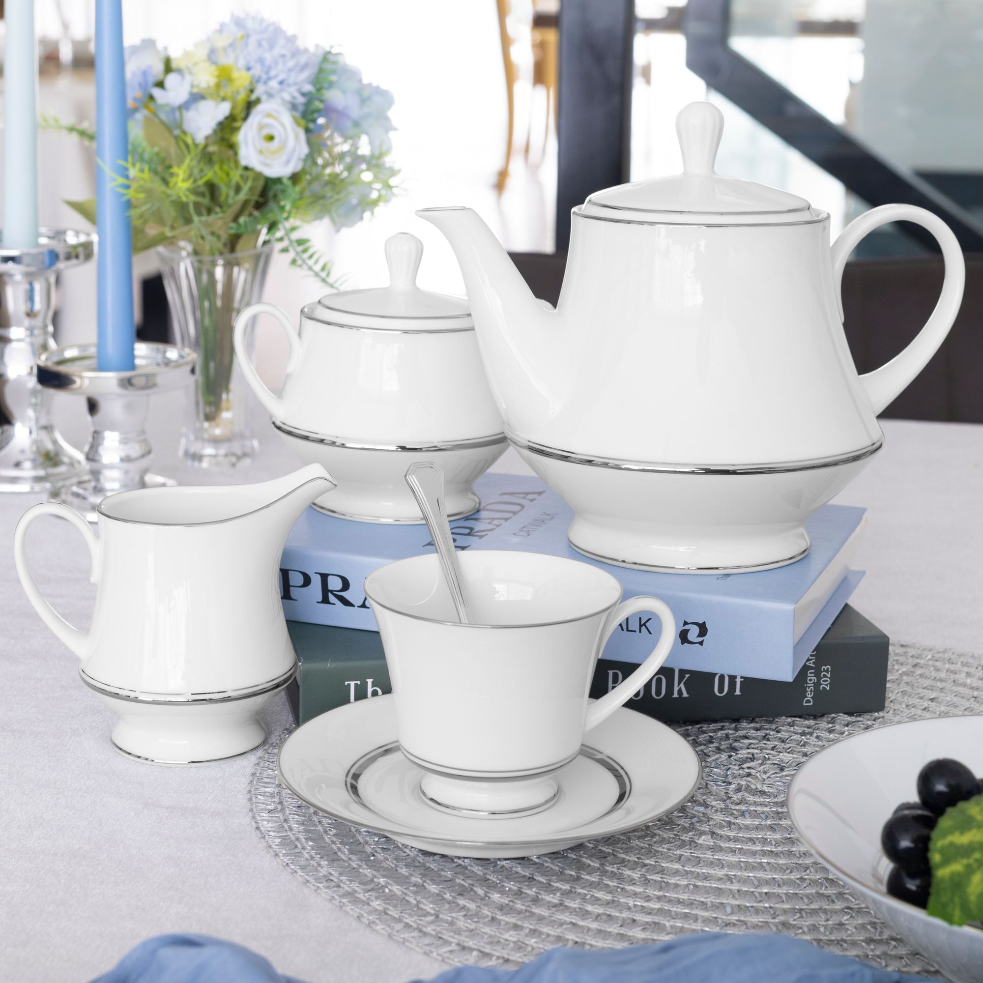  Bộ ấm chén uống trà (ấm 1.200ml, chén 230ml) 15 món sứ trắng | Galaxy L554L - T017A 