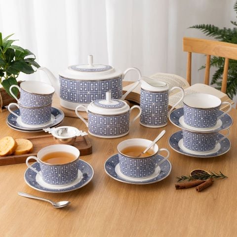 Bộ ấm chén uống trà (ấm 1.250ml, chén 245ml) 15 món sứ xương | Infinity Blue 4978L - T017A
