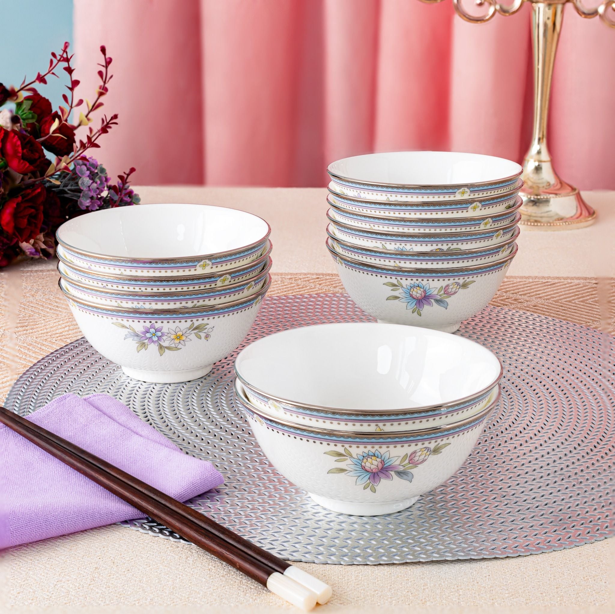  Bộ bát đĩa ăn châu Á đầy đủ 38 món (cho 6 người) sứ xương | Jardin Fleuri 4910L - D038AC 